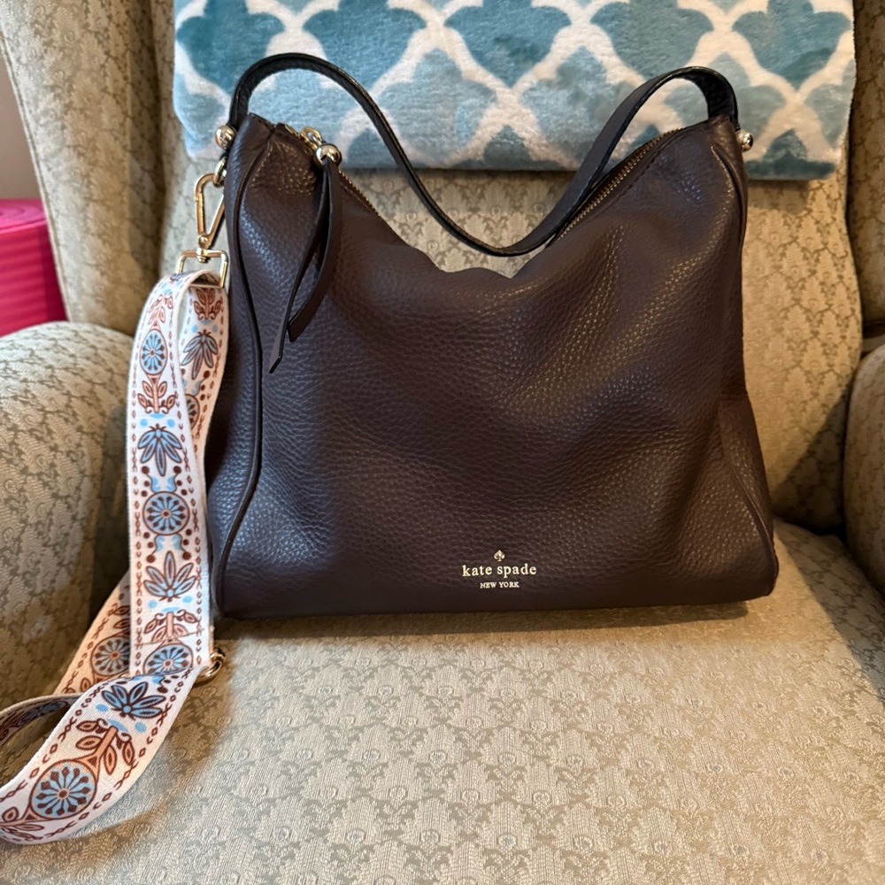 Kate Spade Dark Brown Shoulder Bag with Floral Strap